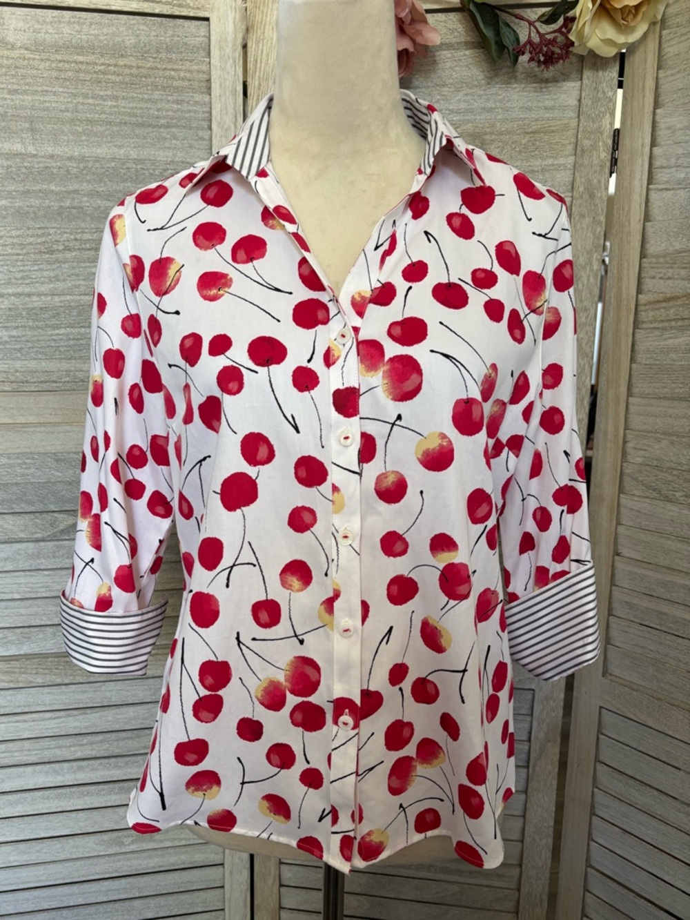FOXCROFT NWT Women’s SZ 10P Mary Style Wrinkle-free “Sweet Cherries”Watercolor 🍒